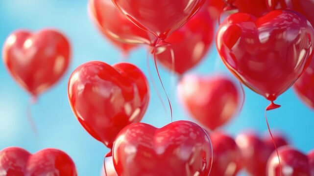 A bunch of colorful heart shaped balloons