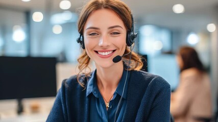 Confident young female customer support agent with headset smiling in modern office environment. Professional call center worker providing excellent service and communication solutions