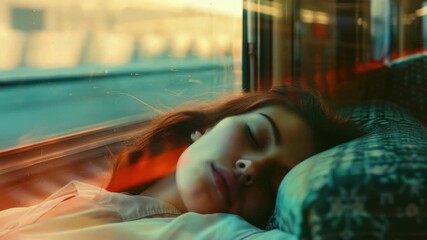 A woman is peacefully sleeping on a train during sunset with a blurred background.