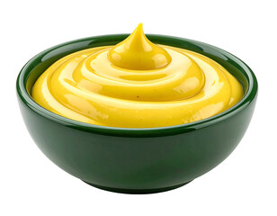 A rich, bright yellow condiment artfully swirled in a deep green bowl
