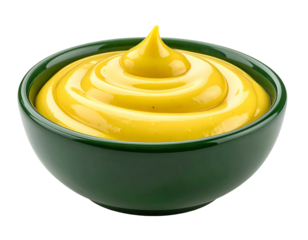 A rich, bright yellow condiment artfully swirled in a deep green bowl