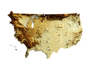 3D shaded relief map of the contiguous United States and Hawaii