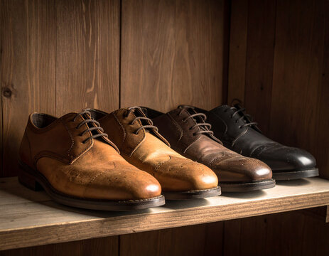 A simple wooden shelf holds several well-maintained, vintage leather shoes that have been professionally resoled and polished.