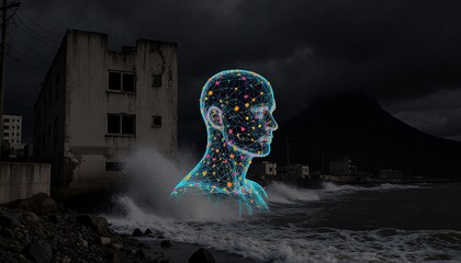 Digital Figure in Stormy Seascape
