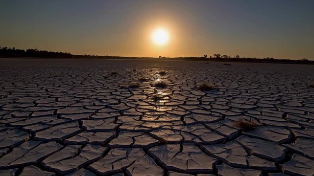A barren landscape showcases cracked earth stretching endlessly under the warm glow of the setting sun. Sparse tufts of grass peek through the parched ground, highlighting stark re