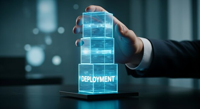 Software containerization concept. A DevOps engineer's hand stacks holographic blocks (containers) on a platform, with "DEPLOYMENT" text.