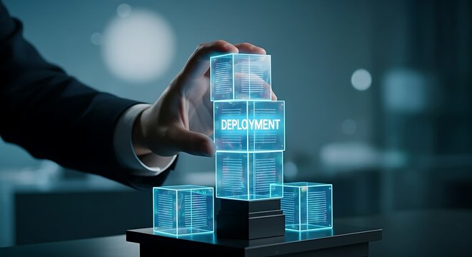 Software containerization concept. A DevOps engineer's hand stacks holographic blocks (containers) on a platform, with "DEPLOYMENT" text.