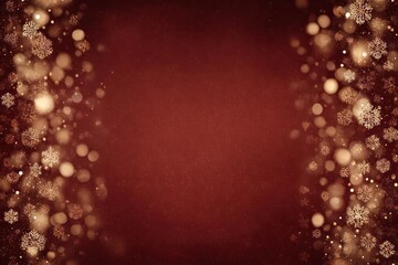 Soft focus warm golden bokeh lights and snowflakes framing a deep red background for festive holiday celebrations