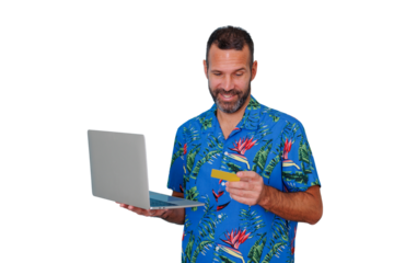 Man in hawaiian shirt shopping online, paying with credit card on laptop for vacation booking, transparent background