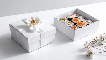 Sushi rolls neatly arranged in open box, paired with a closed gift box with floral decor