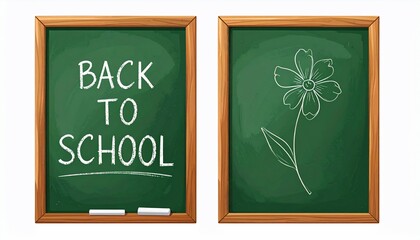Two wooden framed green chalkboards. One says "Back to School", the other a floral sketch