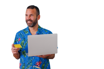 Man in hawaiian shirt shopping online, paying with credit card on laptop for vacation booking, transparent background