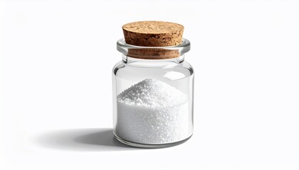 A small glass jar filled with white granular substance, cork stopper, cast shadow
