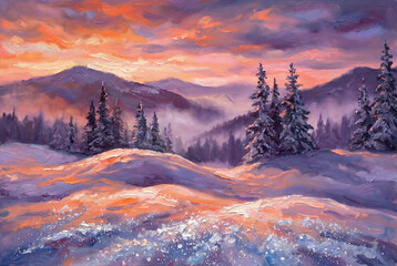 A vibrant oil painting of a snowy mountain landscape at sunrise or sunset, featuring snow-covered evergreen trees, rolling hills, and a colorful sky reflecting on the sparkling snow.