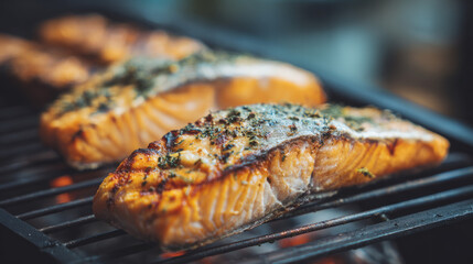 Char-fried salmon, grilled fish, barbecued seafood, fresh meal