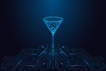 Low-poly digital data funnel above circuit board for AI analytics and processing, vector