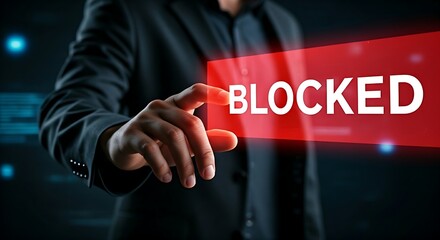 Data Loss Prevention (DLP) concept. A hand tries to drag a confidential document out of a secure network and is stopped by a red barrier with "BLOCKED" text.