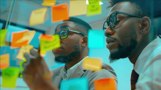 Businessmen discussing ideas with colorful post-it notes in an office setting