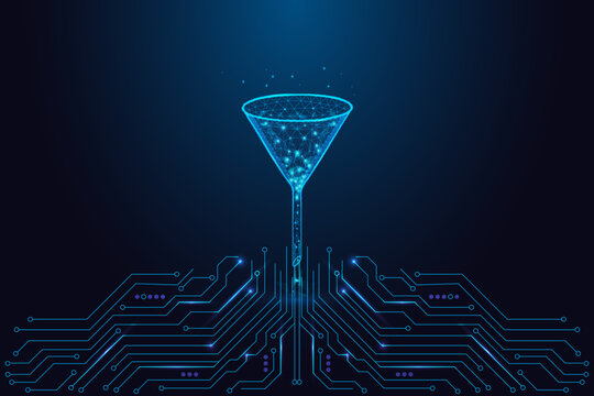 Low-poly digital data funnel above circuit board for AI analytics and processing, vector