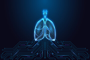 lungs above circuit board symbolizing health tech and diagnostics, vector. respiratory diagnostics 