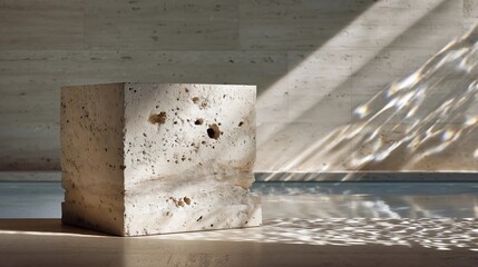 Rough travertine stone cube rests on a polished floor showing light caustic patterns on a textured wall