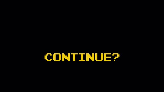 Pixel Art 8 Bit Retro Game Text "CONTINUE?" Animated Prompt from Vintage Arcade Computer on Dark Background 4k video animation seamless loop