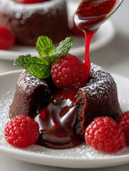 Chocolate Lava Cake with Raspberry and Mint