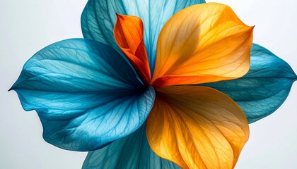 Symmetrical floral composition, merging blue & yellow petals with a central red accent