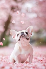 桜吹雪を見上げるフレンチブルドッグの春らしい表情
