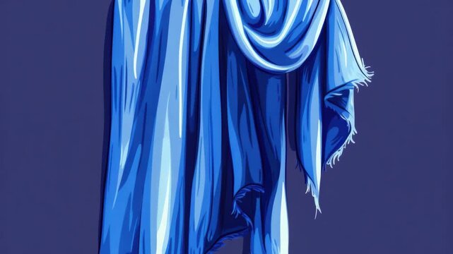 This is a staged of an individual dressed in a blue cloak, evoking a sense of mystery and drama. The person's face is obscured by shadows and the hood of the cloak, adding to the enigmatic atmosphere