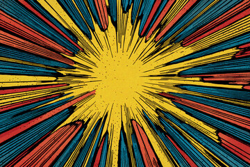 Abstract background in the form of a multicolored explosion in pop art style. Comics. Street art. Retro style. Banner.