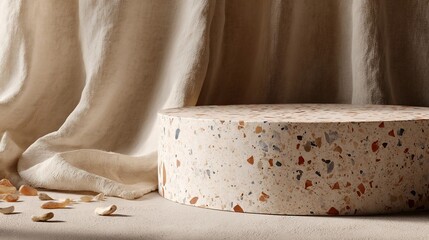 Round terrazzo pedestal display with scattered almonds against a beige linen fabric backdrop