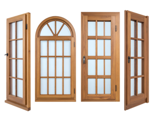 Collection of four diverse wooden framed windows and doors