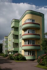 Obraz premium A modern structure featuring an elegant curved design is situated in a serene residential neighborhood, all under a partly cloudy sky during the day