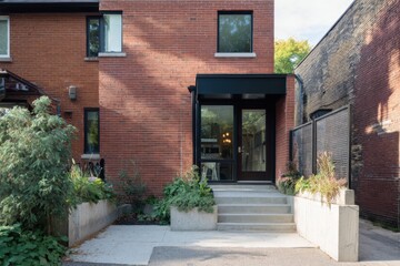 Fototapeta premium A contemporary entrance welcomes visitors to a brick building nestled in an urban setting, featuring inviting steps and lush greenery out front, all captured in bright daylight