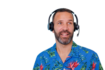 Man wearing headset and hawaiian shirt talking, providing customer service or remote support, transparent background