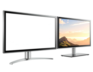 Dual display setup, one blank, one scenic landscape