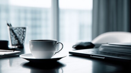 Modern office setup with coffee cup and laptop providing a calming workspace