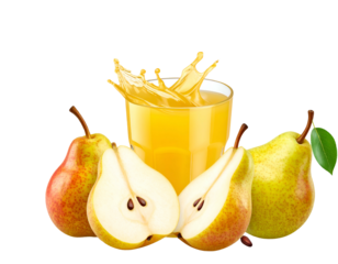 Juicy pears and splashing pear juice in a clear glass