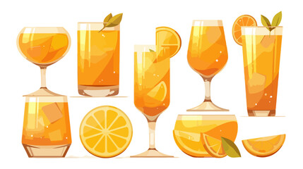 Zestaw r&oacute;żnych szklanek z przezroczystym, orzeźwiającym sokiem pomarańczowym i plasterkami cytrus&oacute;w.