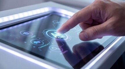 Hand Touches Blue Glowing Icons on Interactive White Kiosk Screen in Bright Room