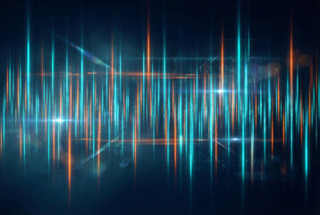 Abstract digital sound wave equalizer with glowing blue and orange vertical lines on a dark background, representing data flow or technology.