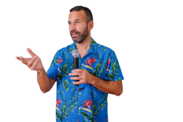 Speaker man holding a microphone and gesturing, performing during a presentation or conference, transparent background