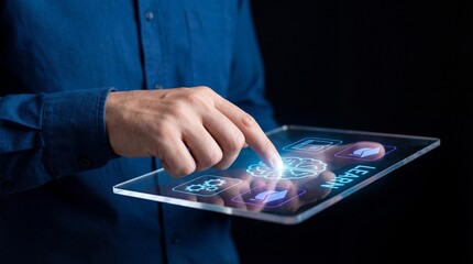 Man in Dark Blue Long Sleeve Shirt Interacting with Holographic Tablet Against Black Background Studio Lighting Focused on Hand