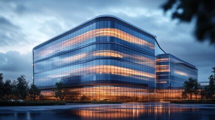 Fototapeta premium Modern Glass Office Building Reflecting Sunset Sky