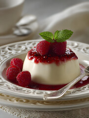 Panna Cotta with Raspberries and Mint