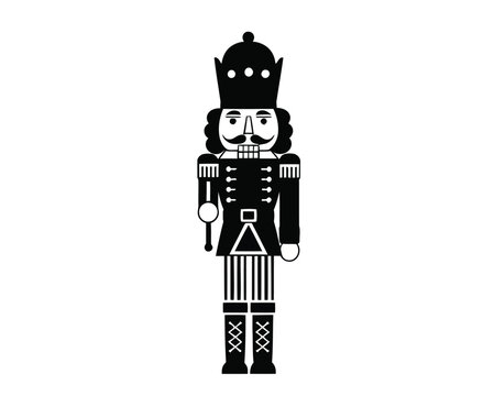 Elegant black and white graphic design of a traditional nutcracker character, showcasing its iconic military uniform and royal crown, perfect for holiday-themed visual projects and festive decorations