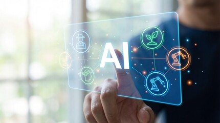 Person Interacting with Holographic Ai Interface Against Blurred Window Bright Lighting