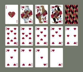 Set of Hearts playing cards and their back design in a minimalist flat style. Vector illustration