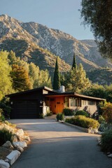 Modern house surrounded by trees and mountains in the afternoon sun, featuring a driveway and garden, located in a quiet neighborhood